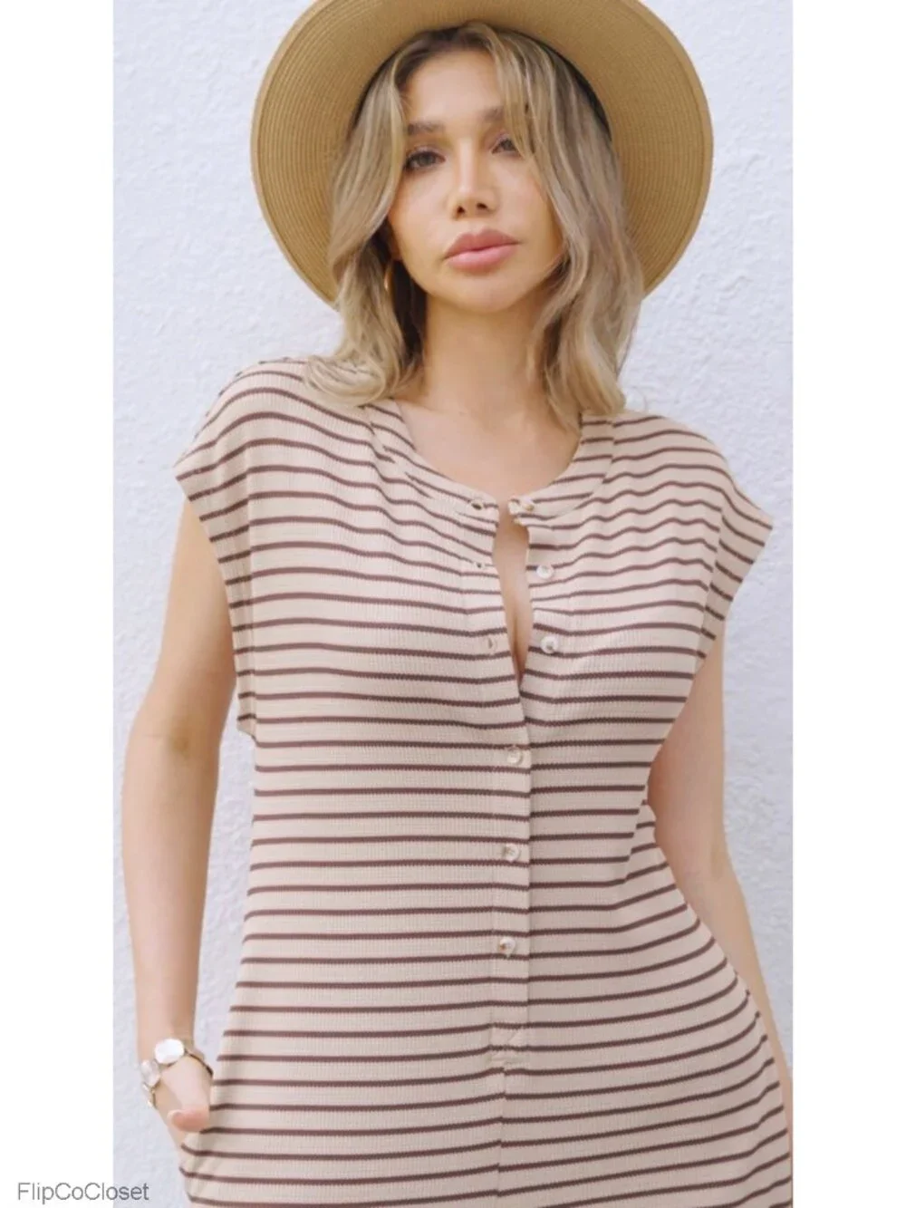 Women's Striped Wide Leg Jumpsuit Button Down Sleeveless Romper
